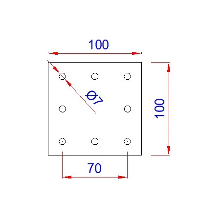 Vierkant aanlasplaat 100 x 100 x 4mm, 8x gat 7mm