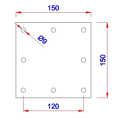 Vierkant aanlasplaat 150 x 150 x 6mm, 8x gat 9mm