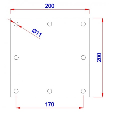 Vierkant aanlasplaat 200 x 200 x 8mm, 8x gat 11mm